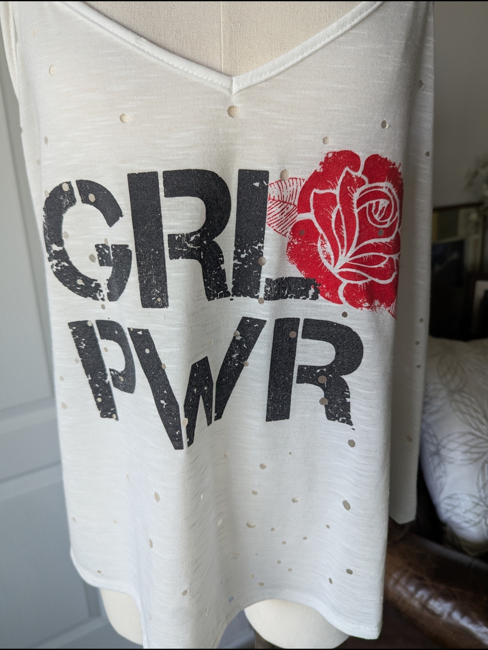 White Tank w/ GRL PWR Print & Red Rose